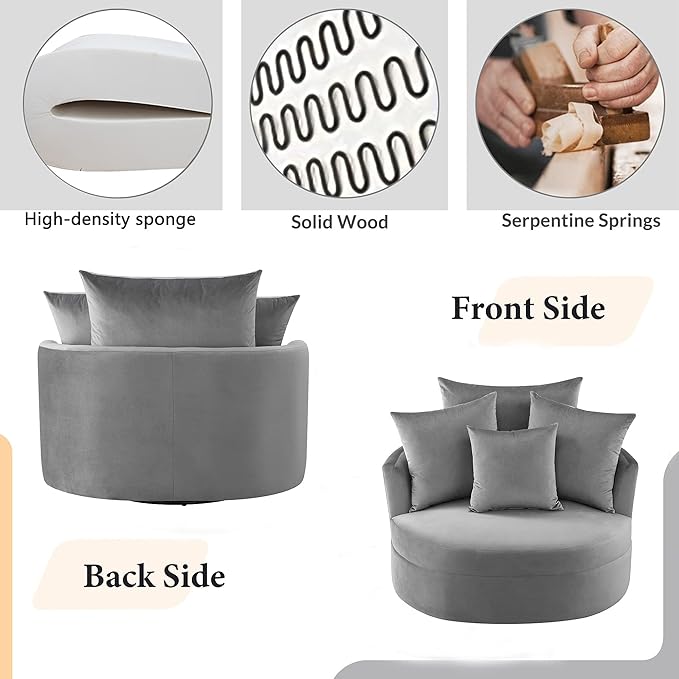 Modern Velvet Leisure Chair 360° Swivel Barrel Chair with 4 Movable Pillows and Metal Base Perfect for Living Room Bedroom Office Reception Area (Gray/Velvet+S)