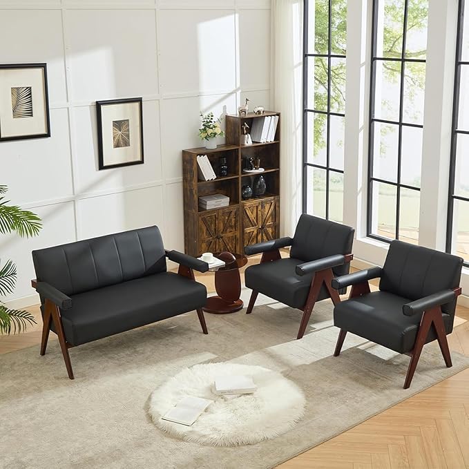AODAILIHB Black Leather Accent ChairMid Century Modern Accent Chair Solid Wood Frame Black Leather Armchair Modern Reading &amp Living Room Chair for Office Guest &amp Waiting Room