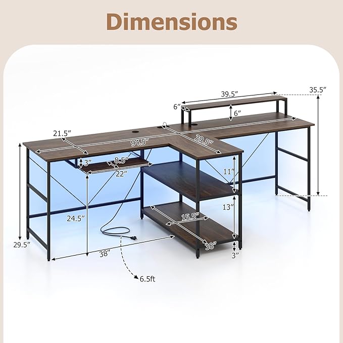 Giantex 94.5” 2 Person Desk with LED Lights Long PC Study Desk with Storage Shelves Power Outlets Keyboard Tray &amp Monitor Stand Double Computer Desk Workstation for Home Office (Rustic Brown)