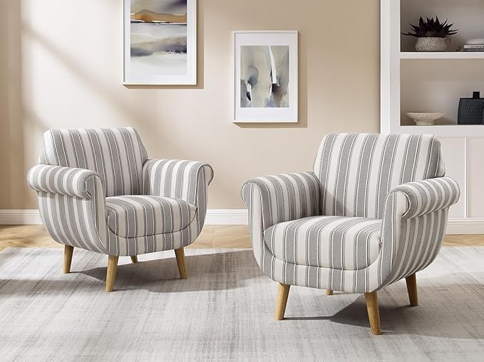 VANOMi Mid-Century Accent Chair with Stripe Pattern Modern Linen Fabric Armchair with Wood Legs Club Chair for Living Room Comfy Upholstered Side Chairs for Bedroom Reading Small Place (Grey)