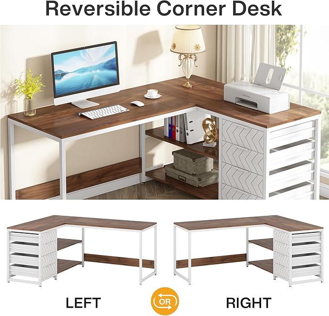 Tribesigns L Shaped Computer Desk with Storage Drawers 59 inch Corner Desk with Shelves Reversible L-Shaped Office Desk Study Writing Table Workstation for Home Office Walnut &amp White