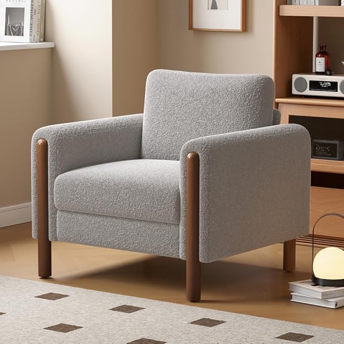 Chair ReclinerReclining ChairOversized Upholstered Accent Chair Comfy Living Room Sofa Chair with Walnut Legs and Curved Armrest Plush Teddy Fabric for Bedroom (Grey + Teddy)