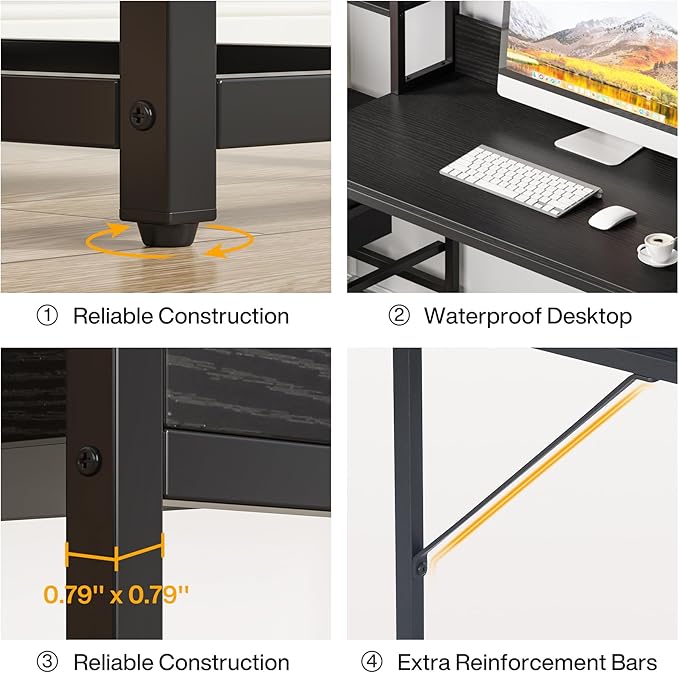 Tribesigns 55 Inch Computer Desk with 2 Drawers and Storage Shelves Rustic Office Desk with Hutch Study Writing Gaming Table Laptop Workstation for Home Office (Black)