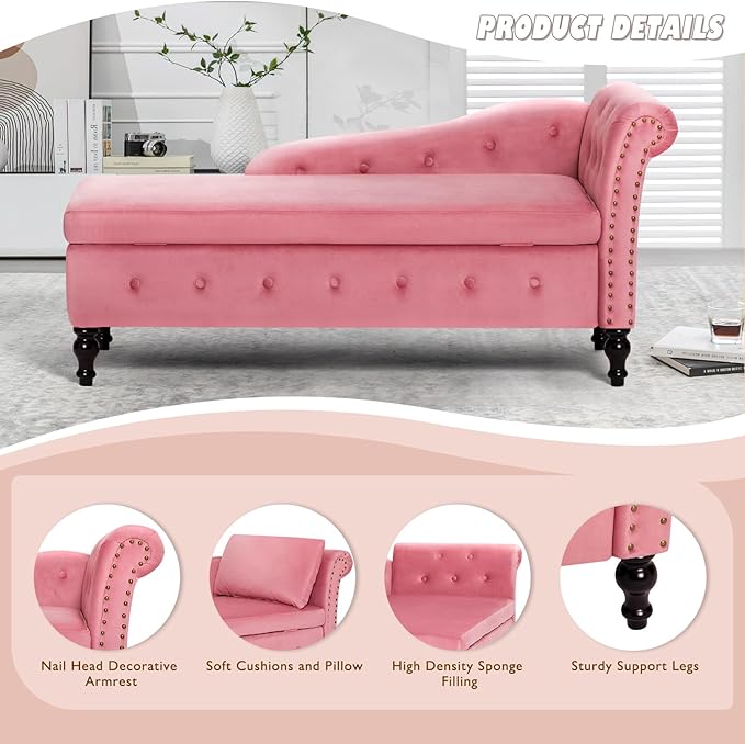 Upholstered Chaise Lounge with Right Armrest &amp Lumbar PillowButton Tufted Lounge Sofa with StorageLounge Chair IndoorModern Velvet Lounge Chair for Bedroom Living Room and OfficePink