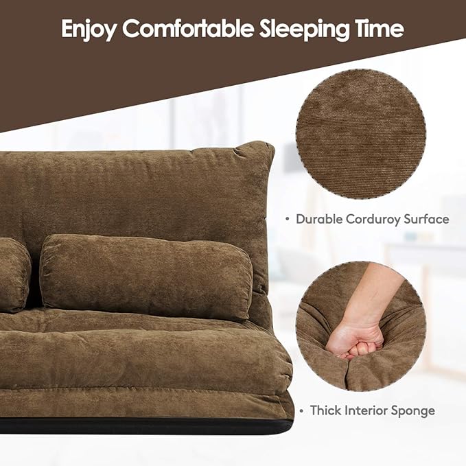 Giantex Adjustable Floor Sofa Couch with 2 Pillows Multi-Functional 6-Position Foldable Lazy Sofa Sleeper Bed Multi-Functional Suede Floor Seating Sofa for Reading Gaming (Coffee)