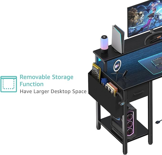 Lufeiya L Shaped Gaming Desk with Fabric Drawers and Storage Shelves 47 inch Home Office Desk with Monitor Stand Computer Desk with LED Lights and Power Outlets Black