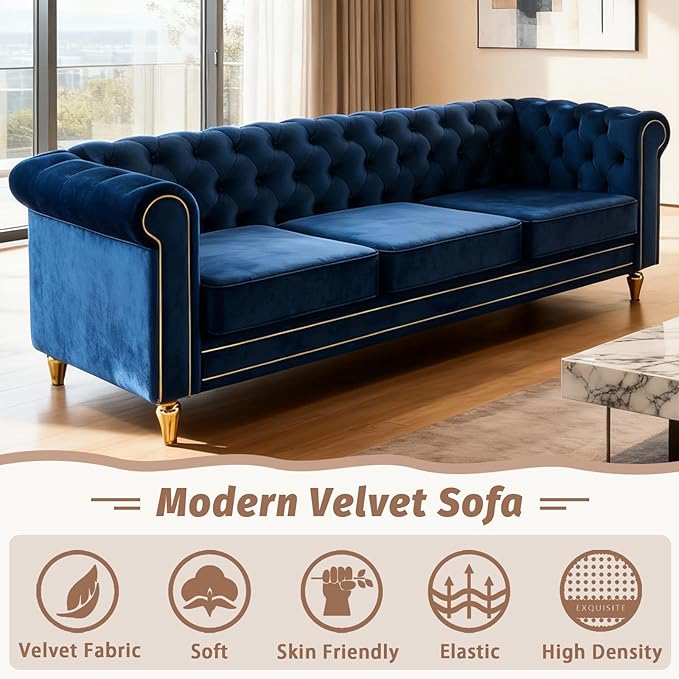84 Velvet Sofa with Gold Legs Luxury Tufted Couch for Living Room Chesterfield Sofa with Thick Cushion Wide Armrest High-Density Foam Gold Strip Trim (Blue)