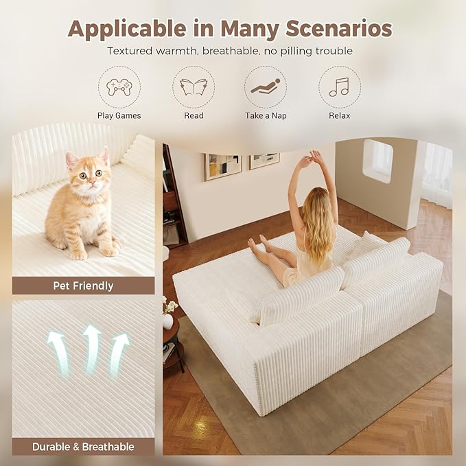 80” Oversized Double Lounge Chaise Cloud Plush Couch Bed Upholstered Boneless Cloud Sofa Deep Seat No Assembly Required Modern Corduroy Sleeper Loveseat Chair for Living Room Bedroom Reading