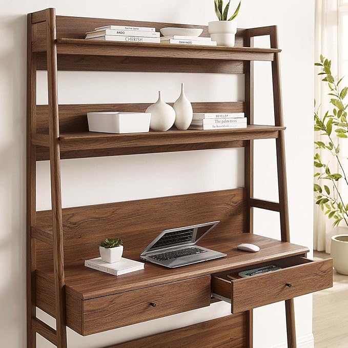 Pemberly Row Modern Particleboard and MDF Office Desk Walnut Finish 71 in x 49 in x 18.5 in Slim Tiered Design with Shelves and Full-Extension Drawers Home Office Workspace Furniture