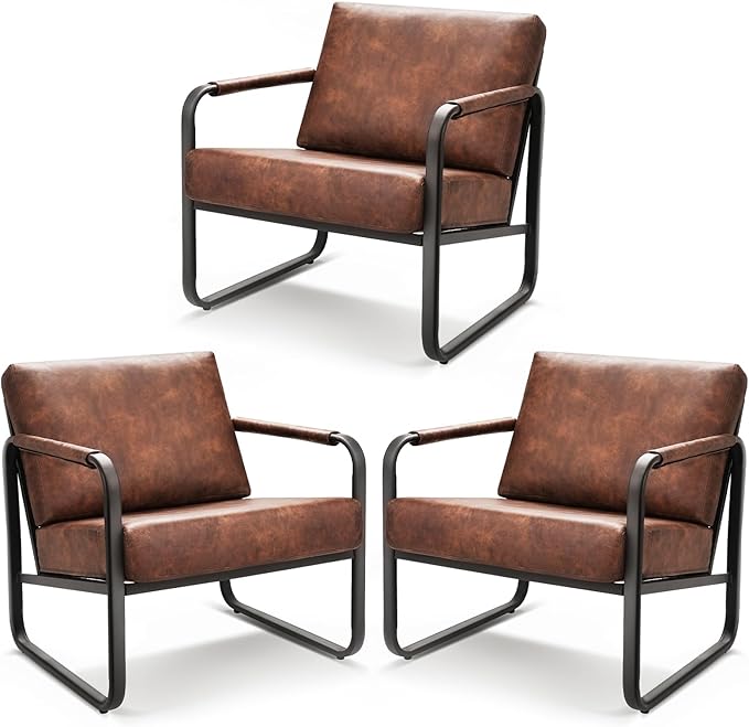 PrimeZone Mid-Century Modern Accent Chair Set of 3 - Comfy Faux Leather Living Room Chair Lounge Armchair with Extra Soft Padded &amp Cushion Ergonomic Accent Chair for Bedroom Office Brown