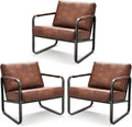 PrimeZone Mid-Century Modern Accent Chair Set of 3 - Comfy Faux Leather Living Room Chair Lounge Armchair with Extra Soft Padded &amp Cushion Ergonomic Accent Chair for Bedroom Office Brown