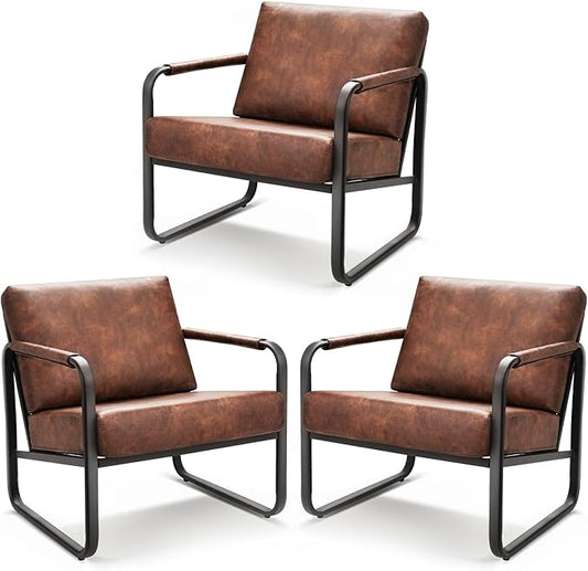 PrimeZone Mid-Century Modern Accent Chair Set of 3 - Comfy Faux Leather Living Room Chair Lounge Armchair with Extra Soft Padded &amp Cushion Ergonomic Accent Chair for Bedroom Office Brown