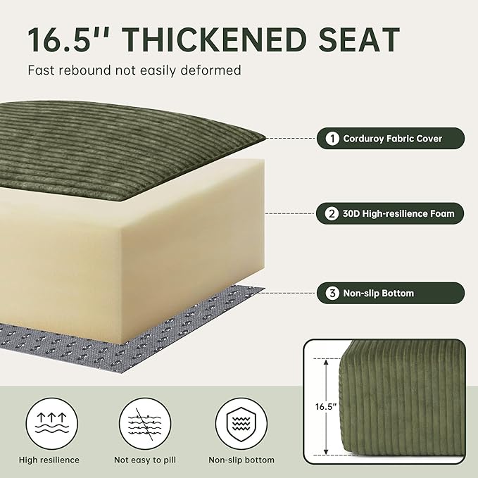 DURASPACE 108 Sectional Couch L Shaped Sofa Boneless Foam Cloud Couches with Chaise Fluffy Plush Corduroy Modular Couches for Living Room (Green Left Facing Chaise)