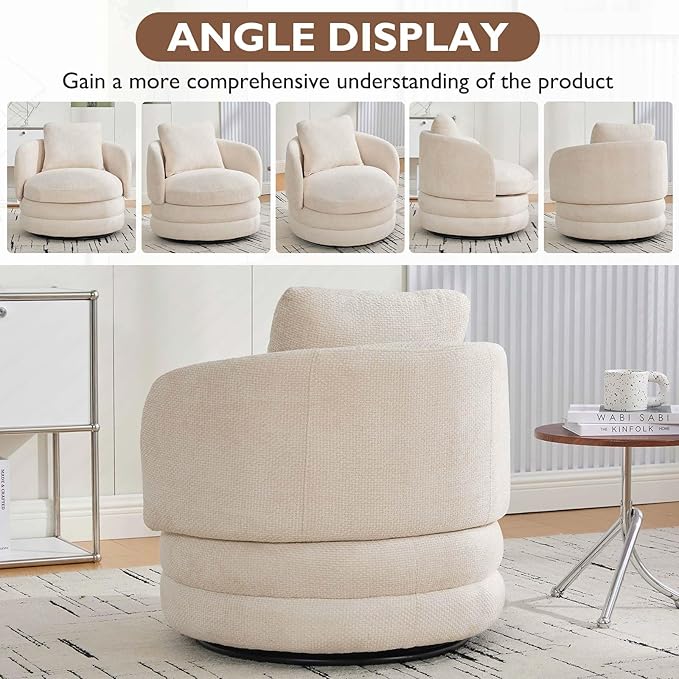 Swivel Accent Chairs 360° Round Swivel Barrel Chair with Pillow for Reading Room Bedroom Beige Chenille Armchair Single Club Chair for Living Room (Beige)