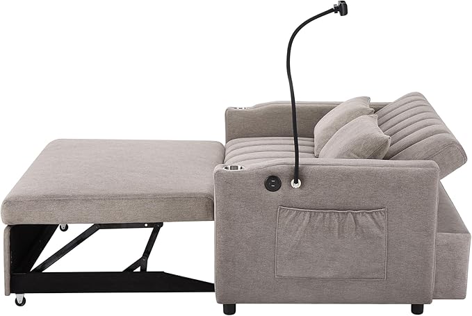 Pull Out Sofa Bed 55.9 Convertible Sofa Bed with 360°Swivel Phone Holderm Two Side Pockets Two Cup Holders 3 Level Adjustable Backrest Bella Fabric Loveseat Sofa (Light Grey * Loveseat90)
