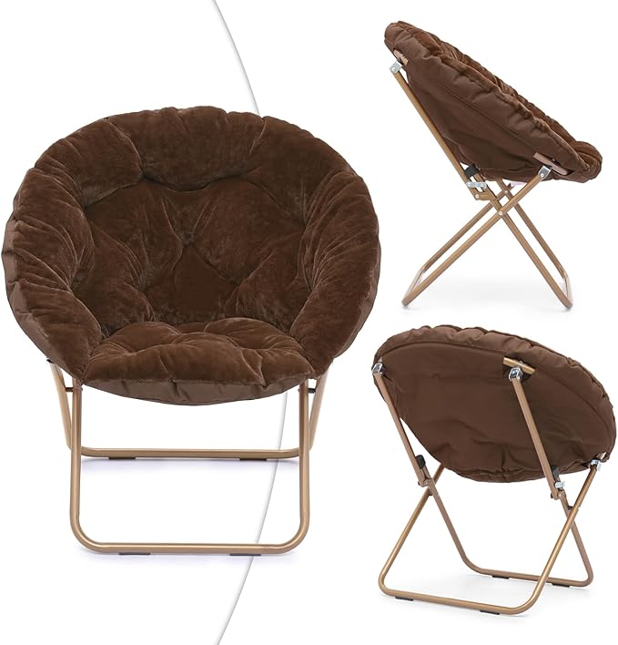 Magshion Folding Saucer Chair for Adults with Ottoman Circle Reading Chair for Bedroom Living Room &amp Dorm Furry Comfy Accent Seat with Metal Leg &amp Thick Padded for Small Spaces (Brown 1 Pa