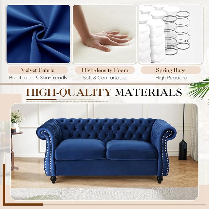 61W Mid Century Modern Chesterfield CouchUpholstered Velvet Loveseat Sofa with Button Tufted &amp Rolled ArmrestsDeep Seat Comfy Sofa with Nailhead Trim &amp Gourd Legs for Living RoomApartment(