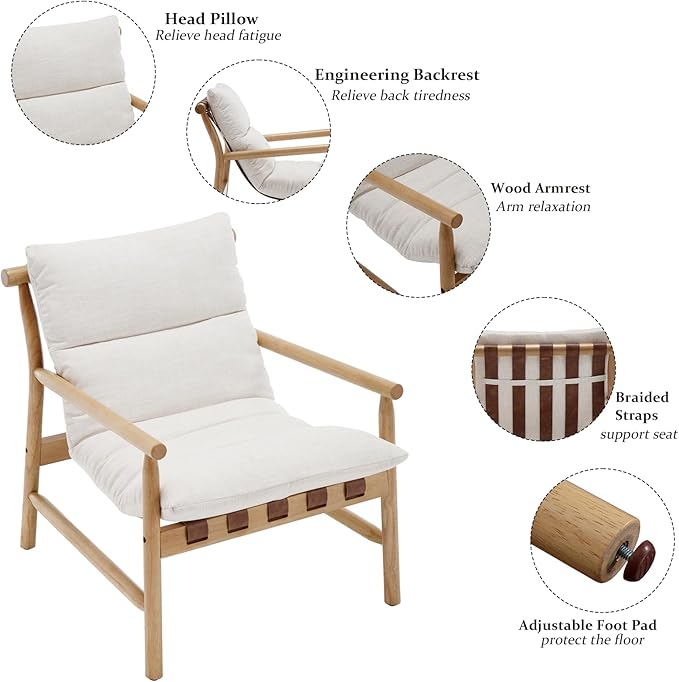 Kmax Modern Sling Accent Chair Mid-Century Linen Living Room Chair Comfy Lounge Chair Solid Wood Frame Chair with Armrest for Reading Room Backyard Beige