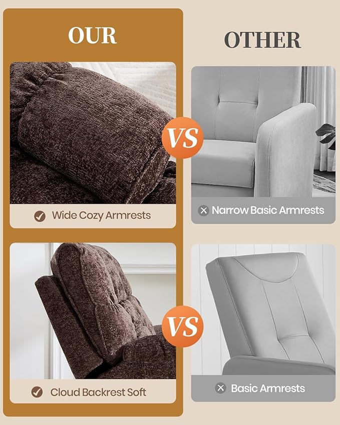 Oversized Power Swivel Rocker Recliner Chair for Big and Tall Electric Chenille Glider with USB Ports Extra Wide Overstuffed Reclining Sofa for Living Room Nursery 375lbs (Brown Power)