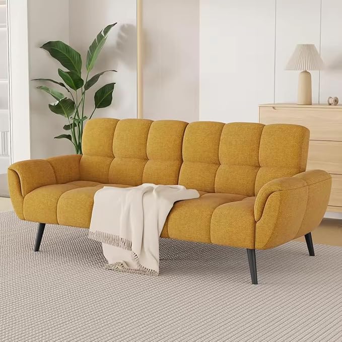Futon Sofa Bed Convertible 77 Modern Linen Futon Couch Comfy Sleeper Sofa with Adjustable Backrests Couch Bed for Small Spaces Living Room Bedroom Apartment Golden Yellow