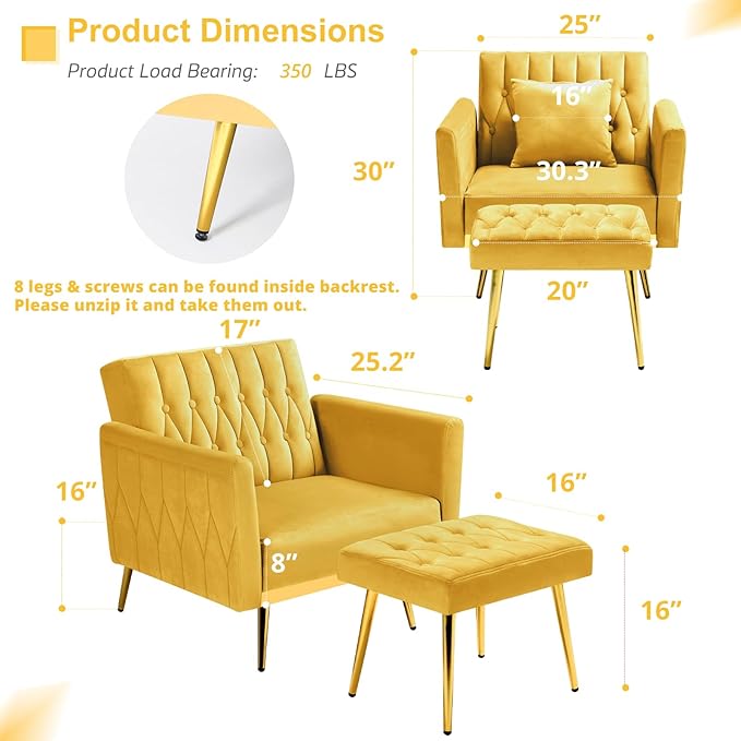 2 Pieces Velvet Sofa Set with Adjustable Armrest and Backrest 70” Convertible Futon Sofa Bed &amp Mordern Accent Chair with Ottoman for Living Room Bedroom Yellow