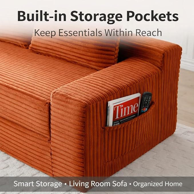 73INCH 2 in 1 Convertible Folding Couch Bed Corduroy Sleeper Sofa with Pull-Out Bed No Assembly Floor Sofa for Living Room Apartment &amp Small Spaces (Orange)