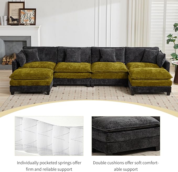 111.5” Black Modular Sectional Sofa 3 Seater Large Sectional Couches for Living Room Chenille Fabric Oversized Cloud Couch with Ottoman Deep Seat Home Sofas Set Sofá Moderno U Shaped