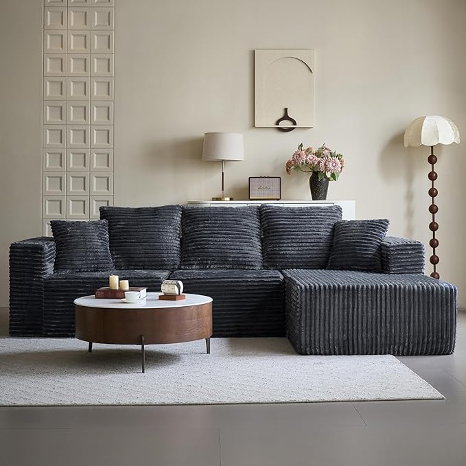 108'' Boneless Couch Sectional Boneless Couches for Living Room w/Deep Seat Cloud Couch w/Stripe Boneless L Shaped Couches w/Flannel Fabrics Right Facing Chaise Dark Gray