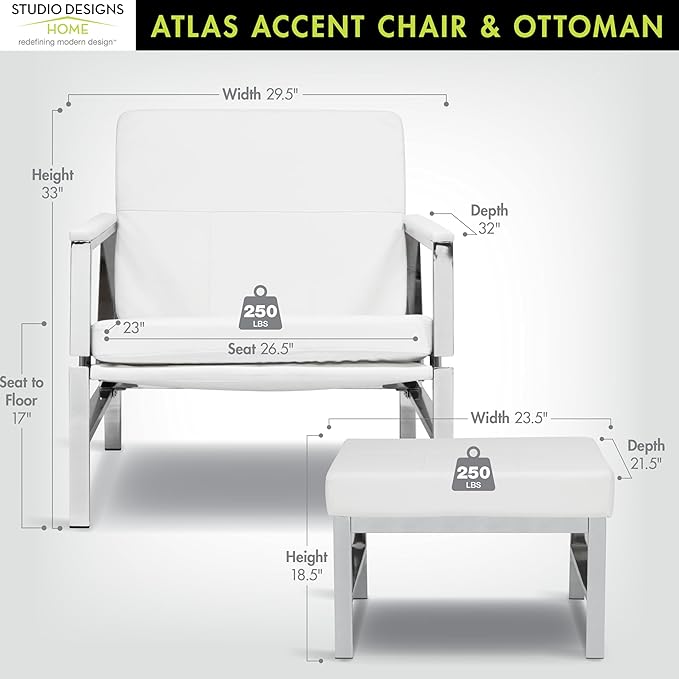 Atlas Bonded Leather Accent Chair with Ottoman Set Mid-Century Modern Lounge Chair &amp Footrest with Chrome Legs for Living Room or Office Guest Seating Chrome/White