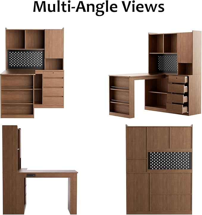 L Shaped Desk with Hutch Wooden Home Office Desk with 4 Drawers Storage Cabinet Charging Station Corner Writing Computer Desk(Left Side Desk Brown)