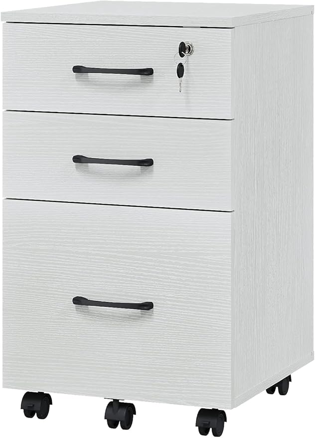 3 Drawers Wooden Locking File Cabinet with Storage Removable File Cabinet for Home OfficeUnder Desk Filing Cabinets(White)