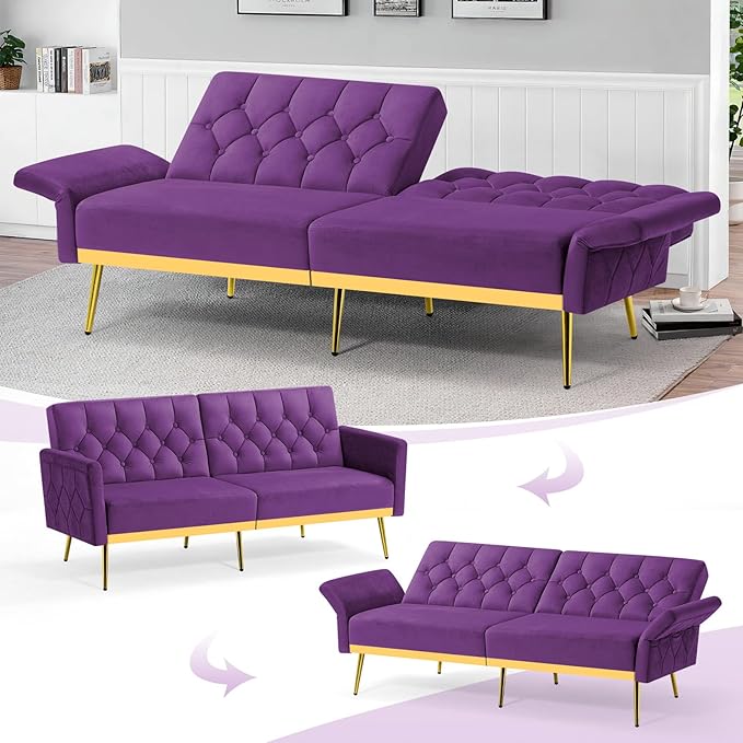 Velvet Sofa Bed w/Adjustable Armrests and Backrests Modern Convertible Sleeper Sofa Tufted Futon Sofa for Bedroom Living Room Apartment Purple