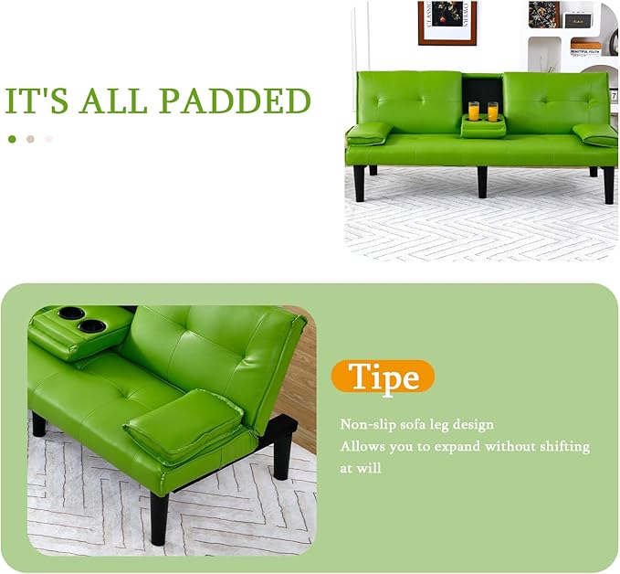 Convertible Sleeper Sofa Bed Modern Leather Futon Couch Bed Twin Size 67'' Recliner Reversible Loveseat Folding Couches Guest Bed for Small Spaces Living Room Office Dorm RV 2 Cupholders (Green)