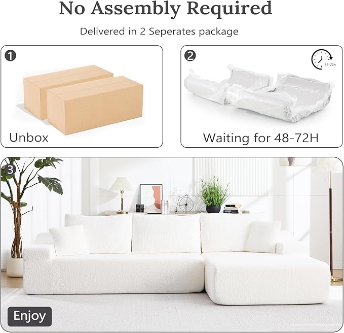 108 L Shaped Boneless Couch with Right Chaise Cloud Sectional Couches with Deep Seat 3 seat modular Sofa Memory Foam Couch with Throw Pillows for Living Room No Assembly Required White
