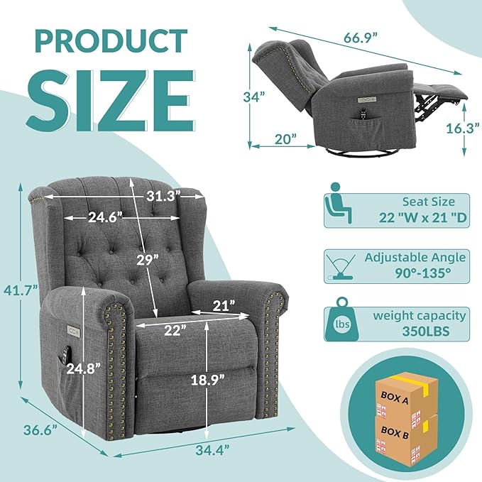 MEETWARM Power Swivel Rocking Glider Recliner Chair Electric Rocker Nursery Reclining Chair with Heat and Vibration Wingback Tufted Upholstered Recliner for Living Room Type-C and USB Ports (Grey)
