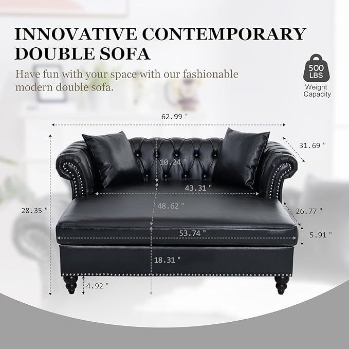 62.99 Chaise Lounge Indoor Comfy Reading Chair with 2 Pillows PU Leather Chesterfield Loveseat Sofa with Tufted Back &amp Rolled Arm Oversized Chaise Lounge Couch Indoor for Living Room Black