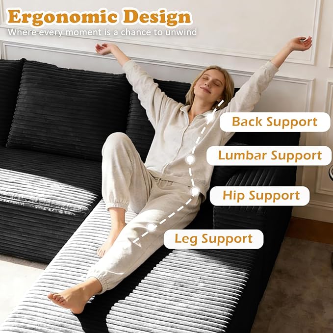 107 L-Shaped Modern Modular Sectional Sofa Oversized Corduroy Boneless Couches with Deep Seat Comfy Upholstered Cloud Couch for Living Room (Black 3S+Left Facing Chaise)