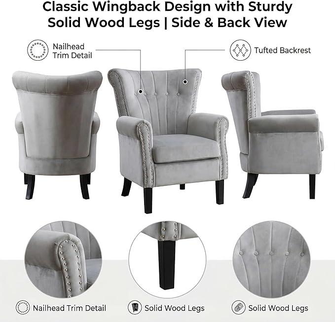 Modern Accent Chair for Living Room Comfy Upholstered Armchair for Bedroom &amp Small Spaces Mid Century Lounge Reading Chair for Office(Grey)