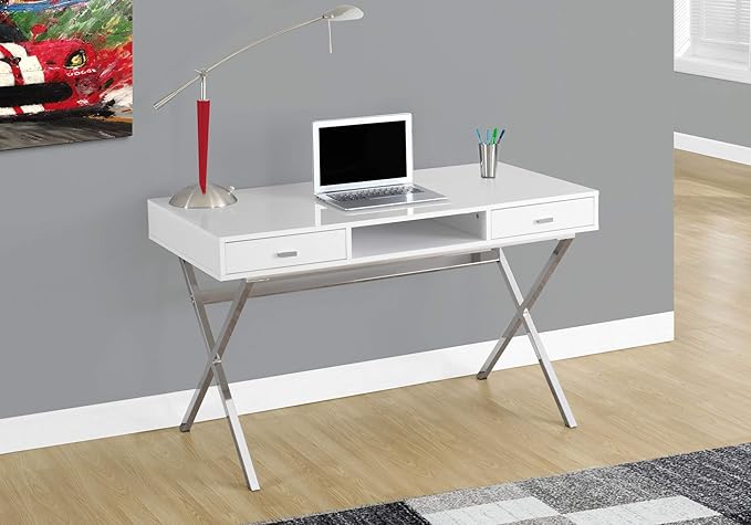 Computer Desk Home Office Laptop Storage Drawers 48 l Work Glossy White Laminate Chrome Metal Contemporary Modern
