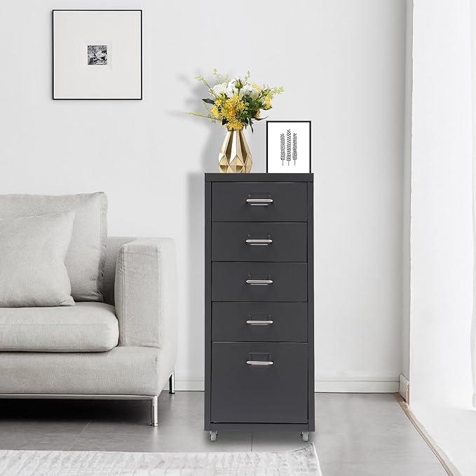 5-Drawer Storage Cabinet with Wheels Metal File Storage Organizer with 4 Small &amp 1 Large Drawers Mobile Vertical Filing Cabinet for Home Office Craft Room Bedroom 11x16.1x27.1in (Grey)