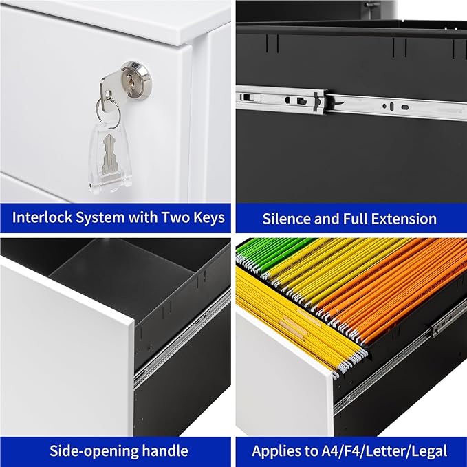 Mobile File Cabinet Steel Mobile File Cabinet with 2 Drawers Lock for Home Office Letter A4(White)