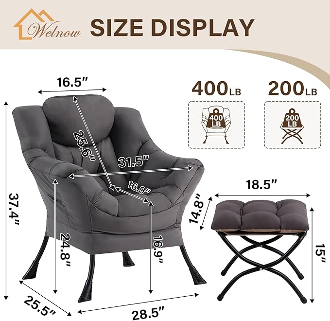 Welnow Lazy Chair with Ottoman Modern Accent Chair with Armrests and a Side Pocket Leisure Sofa Armchair Reading Armchair with Footrest for Small Space Dark Grey