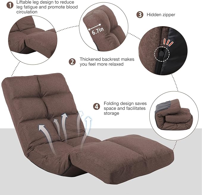 Floor Recliner with Adjustable Footrest - 14-Position Backrest &amp 5-Level Footrest for Ultimate Relaxation Foldable Linen Chaise Lounge Chair for Living Room (Brown)