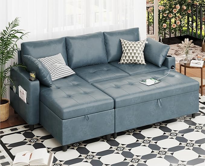 Leather Sleeper Sofa 83.5'' Sofa Bed with Storage Chaise Pull Out Couch with USB Cup Holders and Side Pockets L-Shaped Convertible Couches for Living Room-Faux Leather Blue