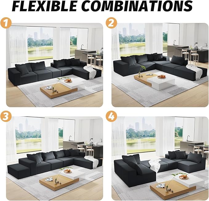 132'' Oversized Cloud Couch Sectional Modular Sectional Sofa with 6 Pillows Comfy Chenille L Shape Couch with 6 Deep Seat Convertible Sleeper Boneless Couches for Living Room No Assembly Black
