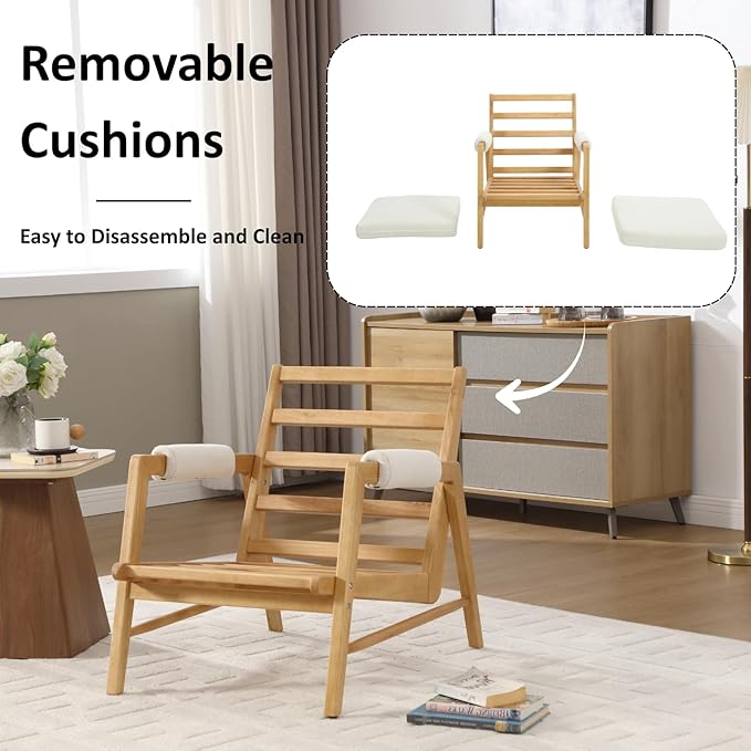 HEAH-YO Modern Accent Chair Upholstered Linen Fabric Living Room Chair with Wooden Frame Comfy Armchair with Thick Cushion for Bedroom Balcony Beige