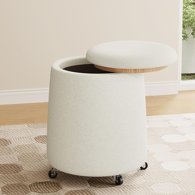 Storage Ottoman with Wheels 15“W Swivel Rolling Foot Stool Boucle Terry Fabric Coffee Table Ottoman with Hidden Storage Round Vanity Stools for Makeup Room Living Room Bedroom Entryway Dorm Beige