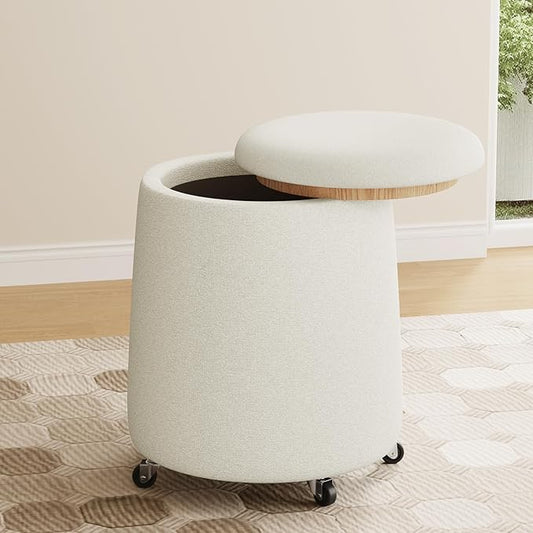 Storage Ottoman with Wheels 15“W Swivel Rolling Foot Stool Boucle Terry Fabric Coffee Table Ottoman with Hidden Storage Round Vanity Stools for Makeup Room Living Room Bedroom Entryway Dorm Beige