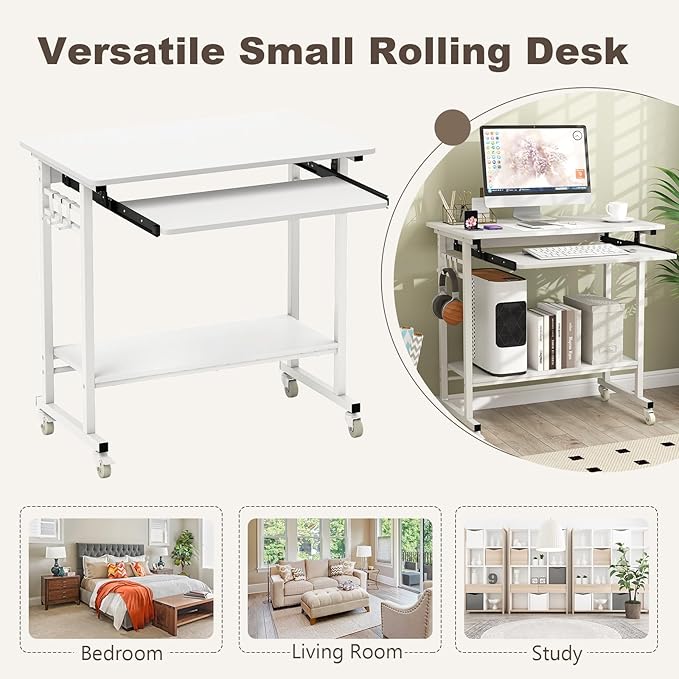 Tangkula Rolling Computer Desk Cart with Keyboard Tray Mobile Portable Laptop PC Desk with CPU Stand &amp 3 Hooks for Sofa &amp Bed Compact Small Desk on Wheels for Small Spaces (White)