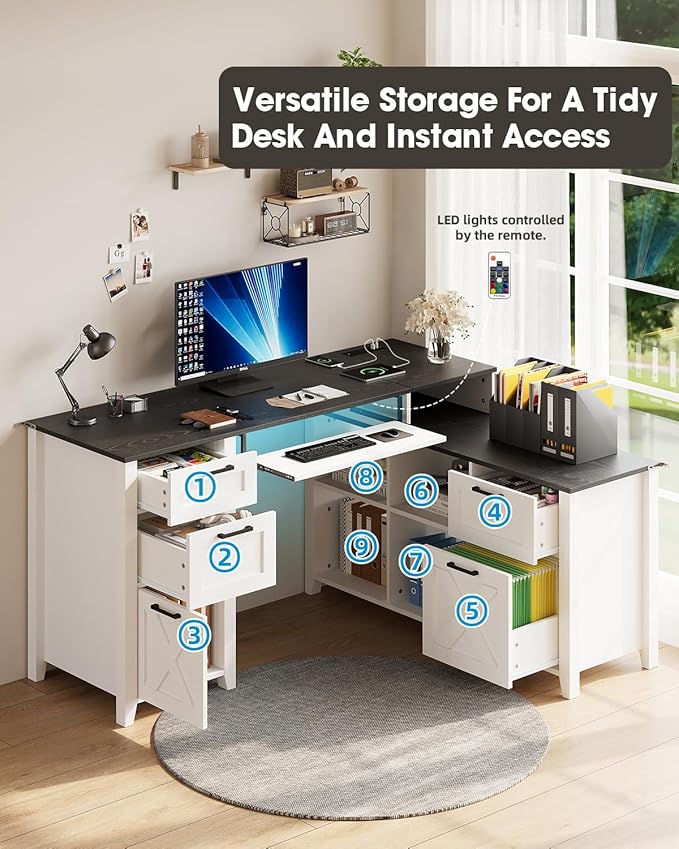 HOPUBUY Farmhouse L Shaped Executive Desk with Drawers 59''Home Office Corner Desks with Charging StationFile CabinetsStorage Compartments Wood Computer Desk Writing Table w/Keyboard TrayWhite